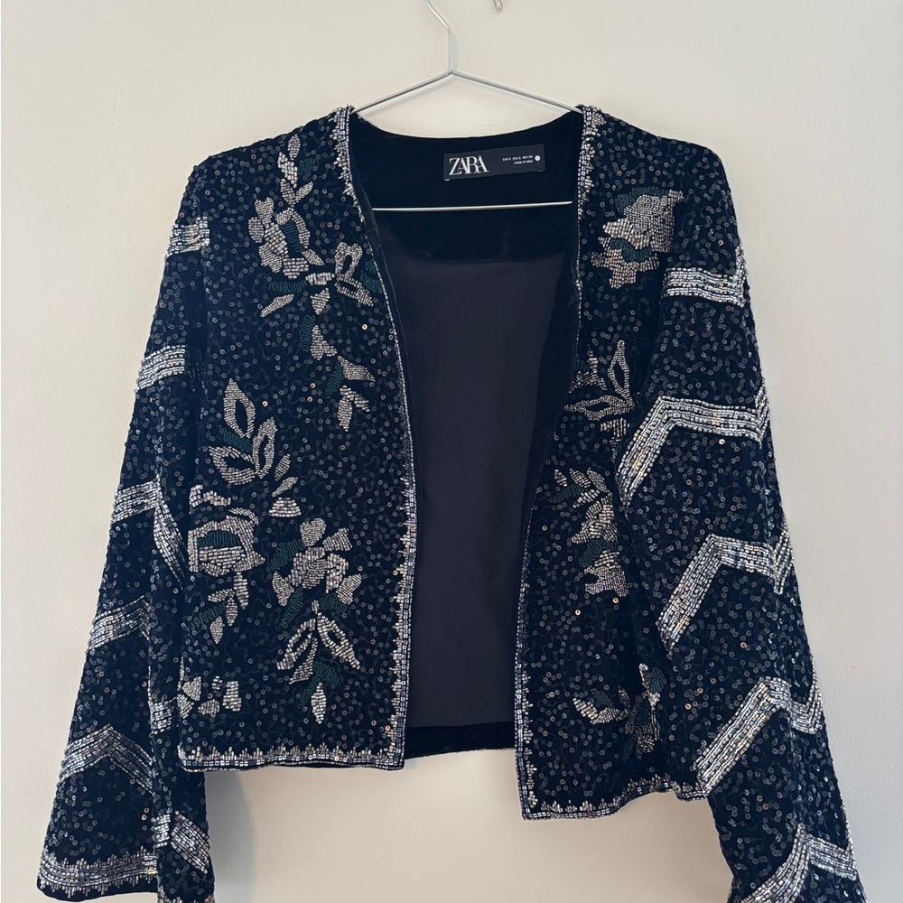 Zara Navy Velvet Sequin Embellished Jacket